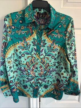 Rachel Zoe Teal & Turquoise Paisley Print Silk Blouse